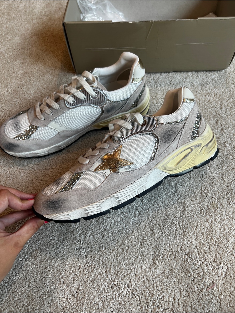 Golden Goose Beige and Metallic Gold Star Running Sneakers